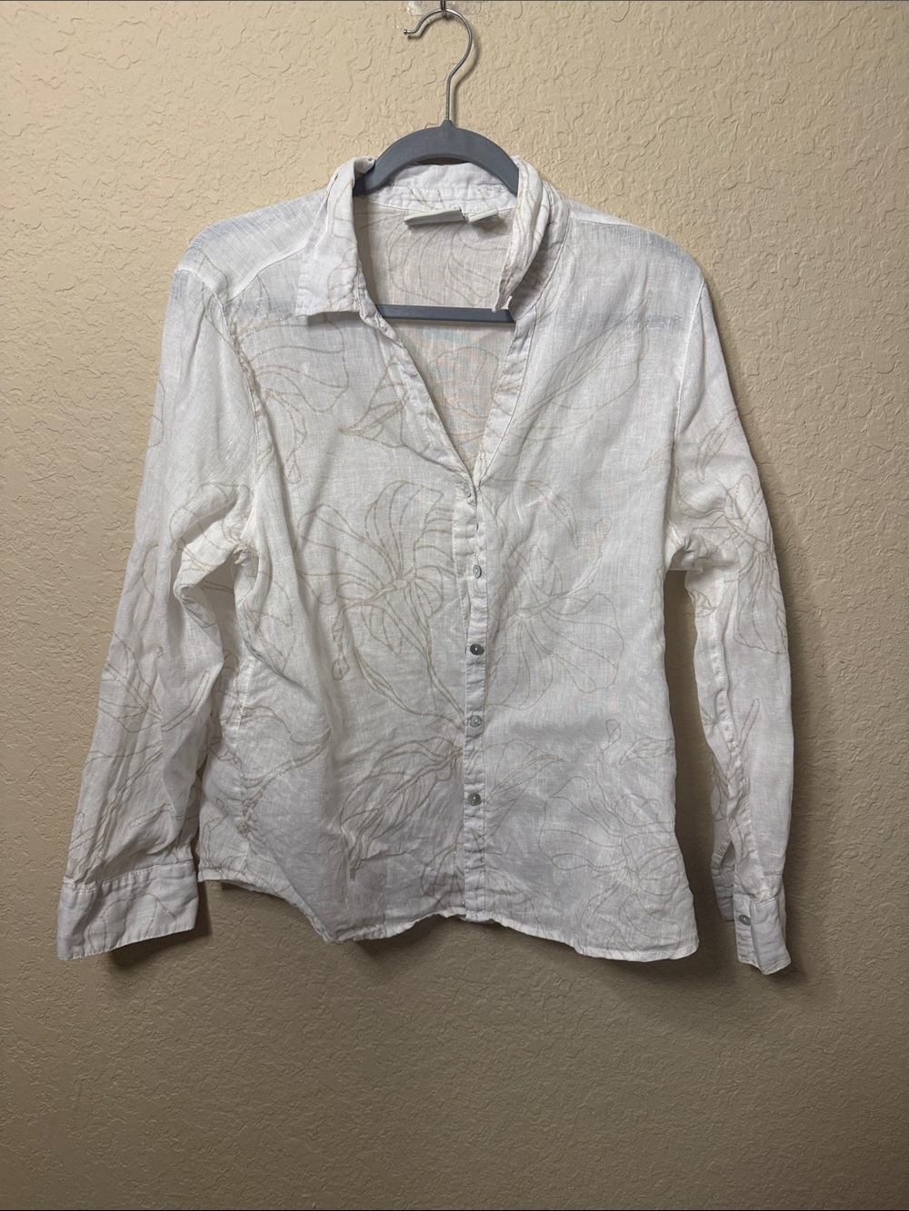 Calypso St. Barth White Linen Blouse with Tan Botanical Outline